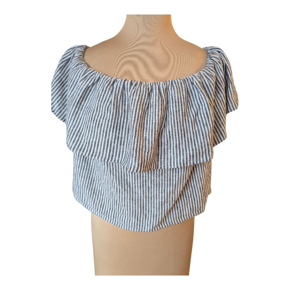 Striped Linen Blend Off Shoulder Ruffle Crop Top Black White Womens XXL Coastal